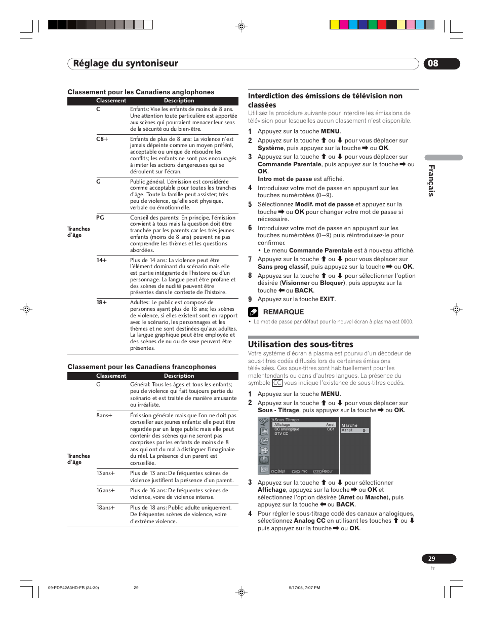 Interdiction des émissions de télévision non, Classées, Utilisation des sous-titres | 08 réglage du syntoniseur, Français | Pioneer PureVision PDP 42A3HD User Manual | Page 73 / 134