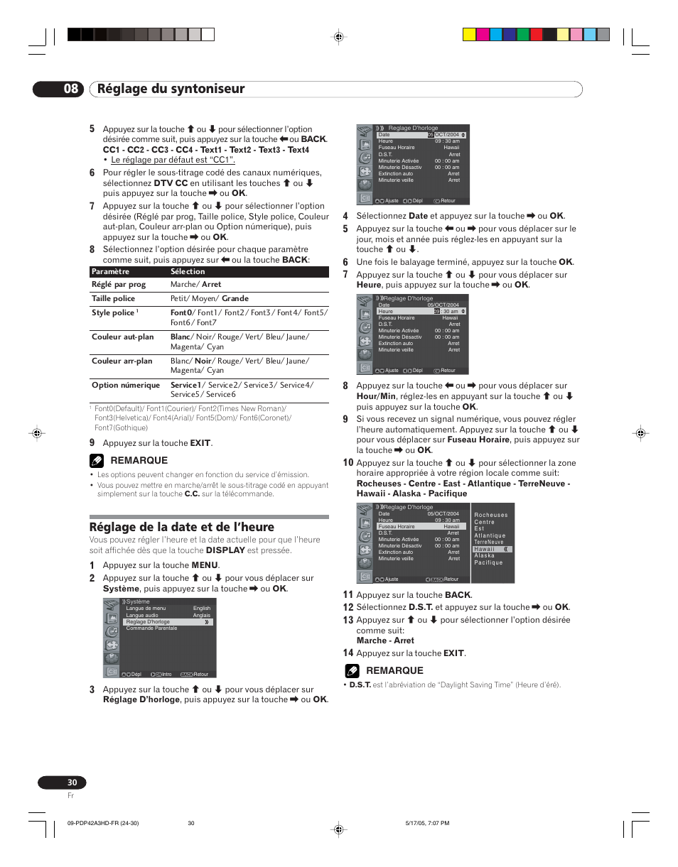 Réglage de la date et de l’heure, 08 réglage du syntoniseur | Pioneer PureVision PDP 42A3HD User Manual | Page 74 / 134