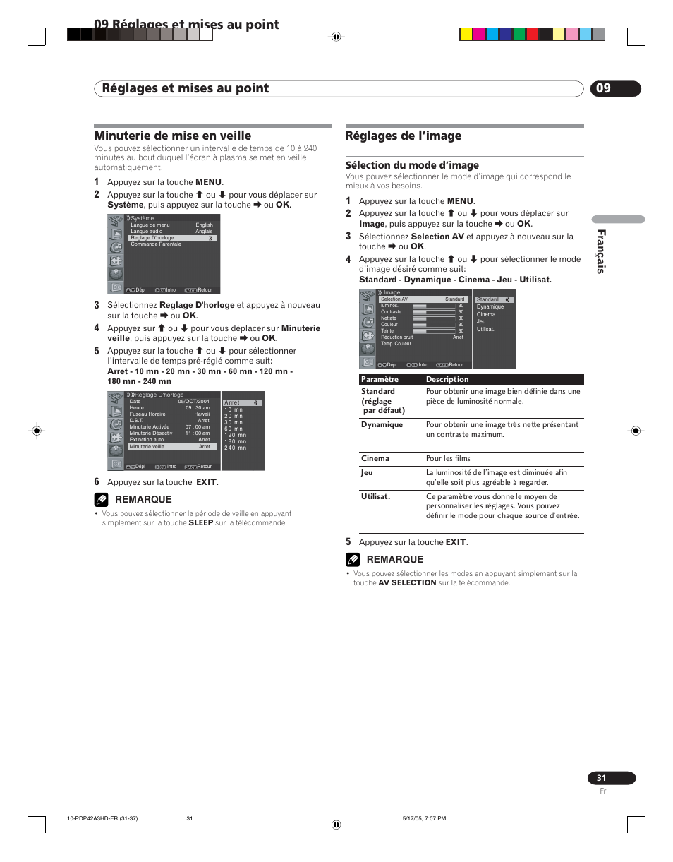 09 réglages et mises au point, Minuterie de mise en veille réglages de l’image, Sélection du mode d’image | Réglages de l’image, Minuterie de mise en veille, Français | Pioneer PureVision PDP 42A3HD User Manual | Page 75 / 134