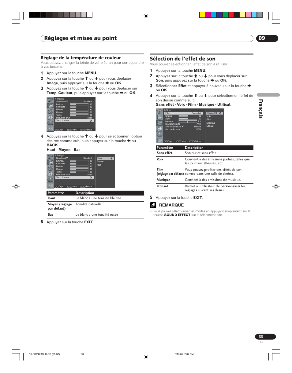 Réglage de la température de couleur, Sélection de l’effet de son, 09 réglages et mises au point | Français | Pioneer PureVision PDP 42A3HD User Manual | Page 77 / 134