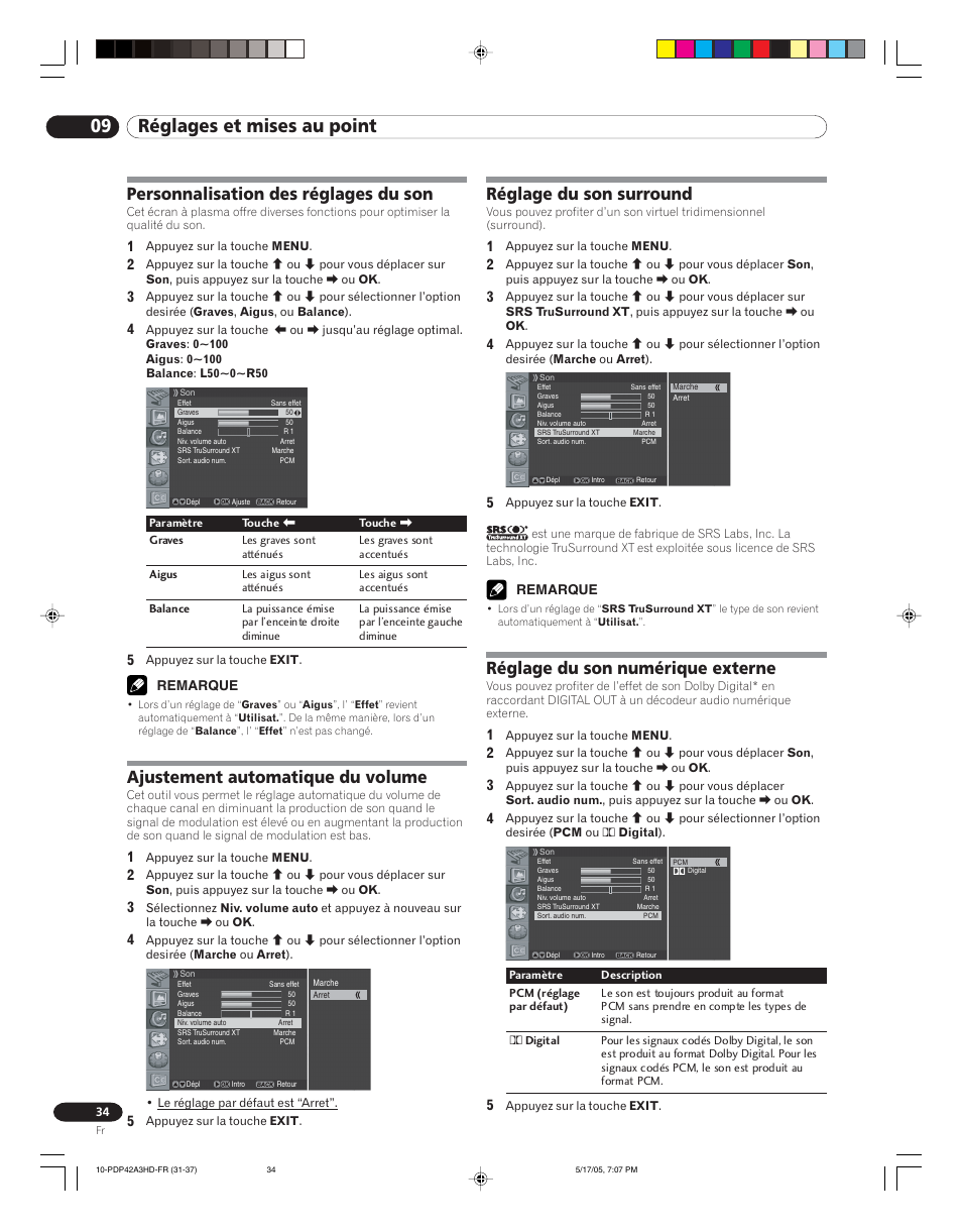 09 réglages et mises au point, Personnalisation des réglages du son, Ajustement automatique du volume | Réglage du son surround, Réglage du son numérique externe | Pioneer PureVision PDP 42A3HD User Manual | Page 78 / 134