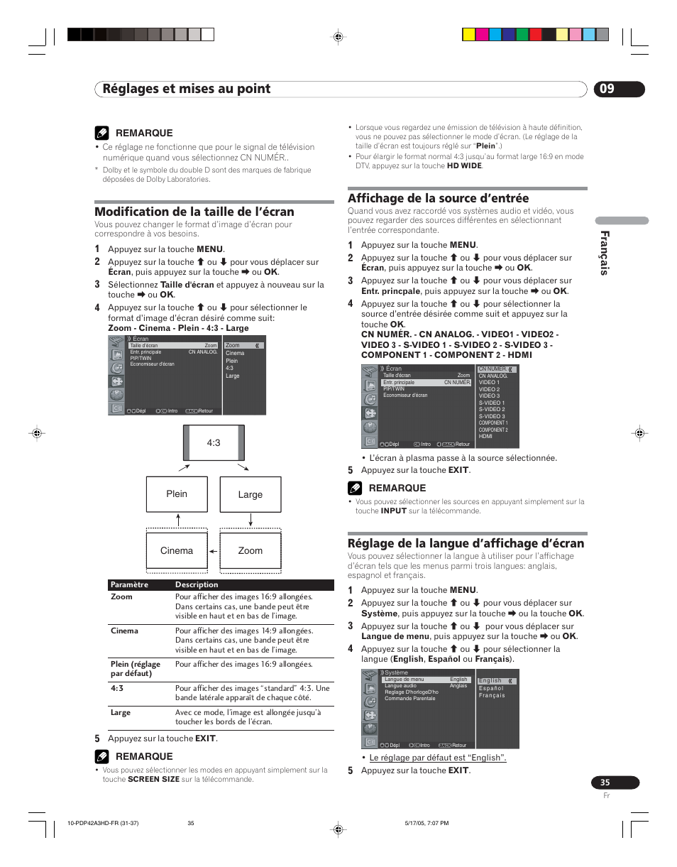 09 réglages et mises au point, Modification de la taille de l’écran, Affichage de la source d’entrée | Réglage de la langue d’affichage d’écran, Français | Pioneer PureVision PDP 42A3HD User Manual | Page 79 / 134