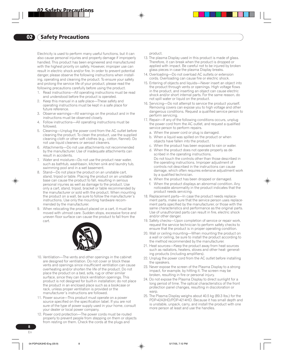 02 safety precautions | Pioneer PureVision PDP 42A3HD User Manual | Page 8 / 134