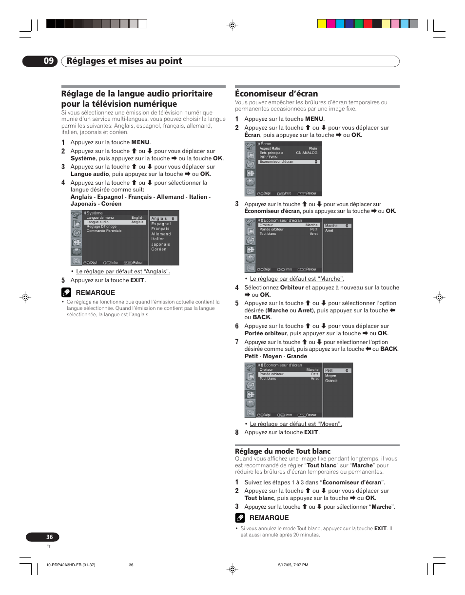 Numérique, Économiseur d’écran, Réglage du mode tout blanc | 09 réglages et mises au point | Pioneer PureVision PDP 42A3HD User Manual | Page 80 / 134