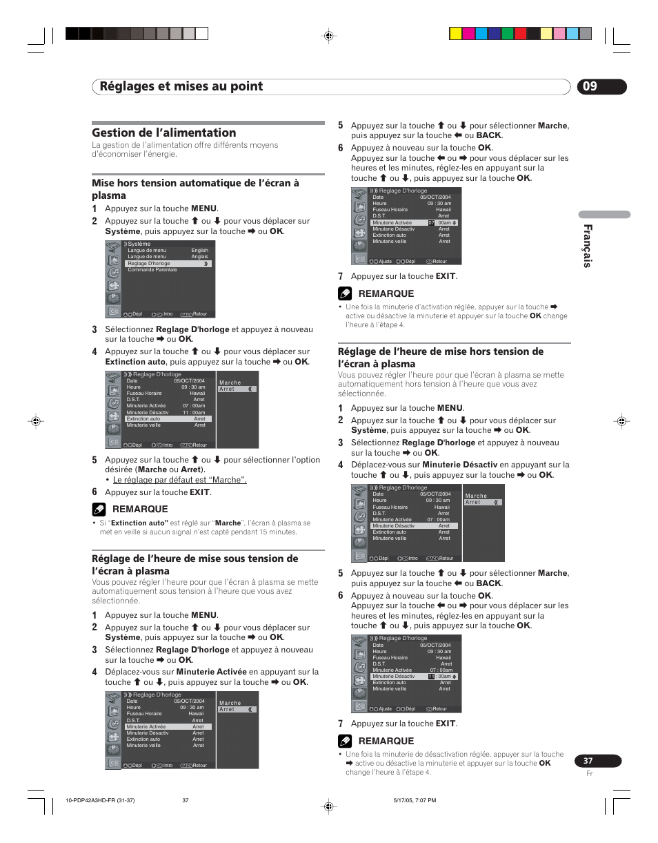 Gestion de l’alimentation, Mise hors tension automatique de l’écran à, Plasma | 09 réglages et mises au point, Français | Pioneer PureVision PDP 42A3HD User Manual | Page 81 / 134