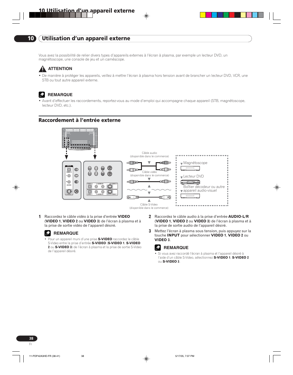 10 utilisation d’un appareil externe, Raccordement à l’entrée externe | Pioneer PureVision PDP 42A3HD User Manual | Page 82 / 134