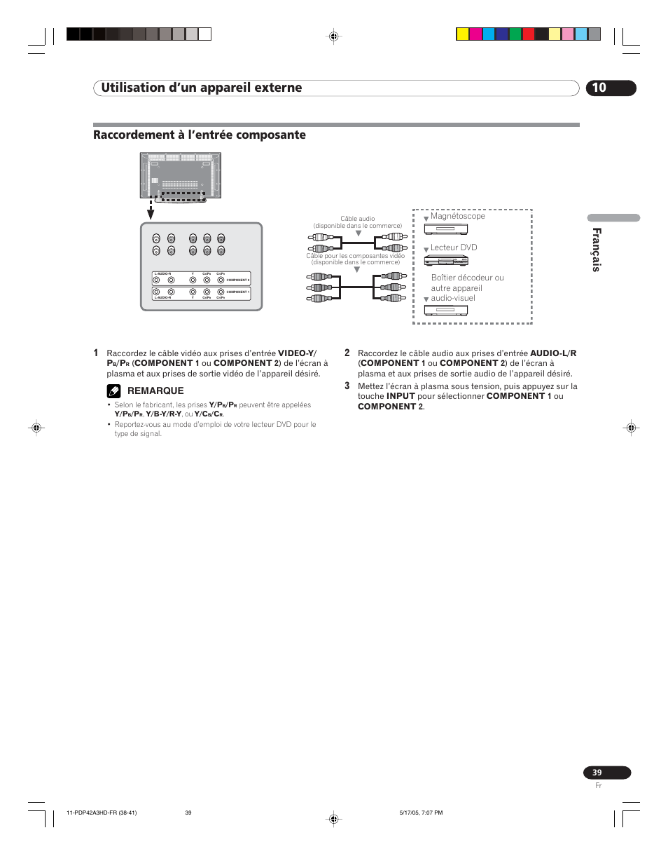 Raccordement à l’entrée composante, 10 utilisation d’un appareil externe, Français | Remarque | Pioneer PureVision PDP 42A3HD User Manual | Page 83 / 134
