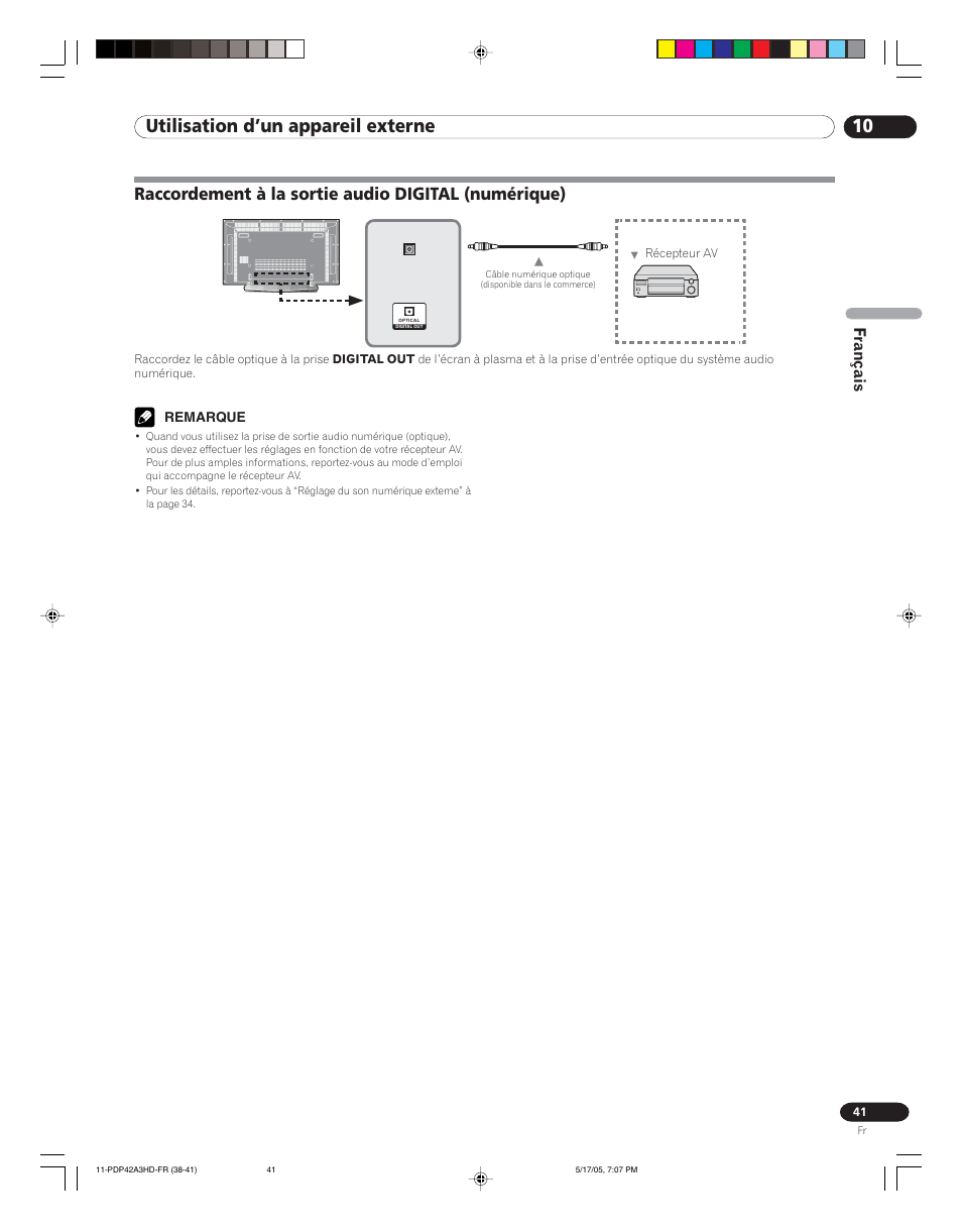 Raccordement à la sortie audio digital (numérique), 10 utilisation d’un appareil externe, Français | Pioneer PureVision PDP 42A3HD User Manual | Page 85 / 134