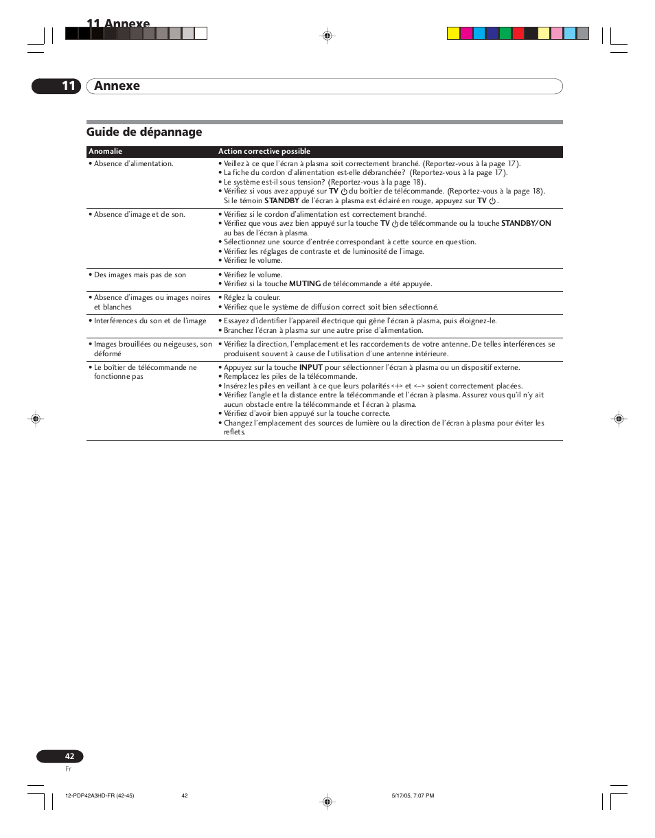 11 annexe, Guide de dépannage | Pioneer PureVision PDP 42A3HD User Manual | Page 86 / 134