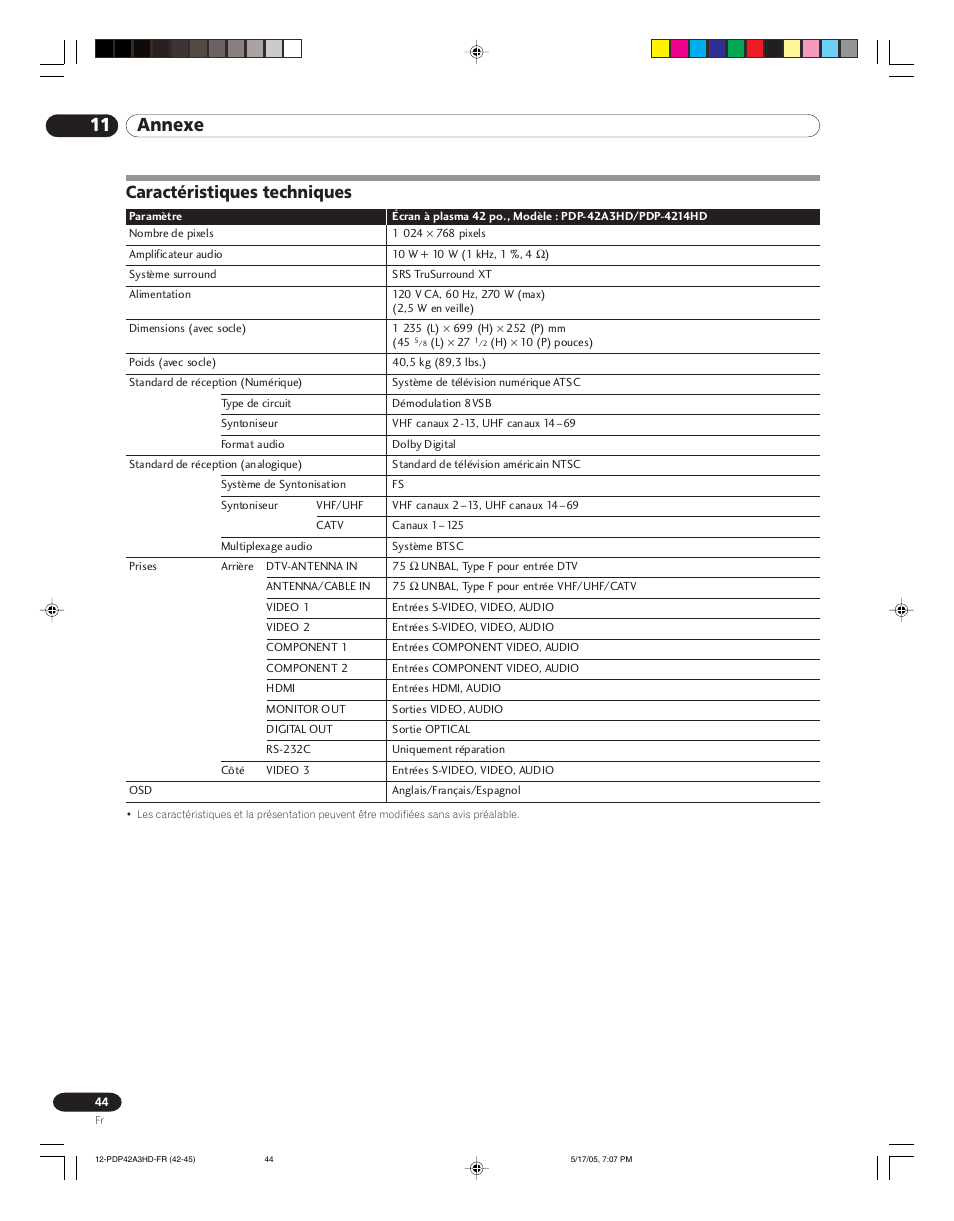 Caractéristiques techniques, 11 annexe | Pioneer PureVision PDP 42A3HD User Manual | Page 88 / 134