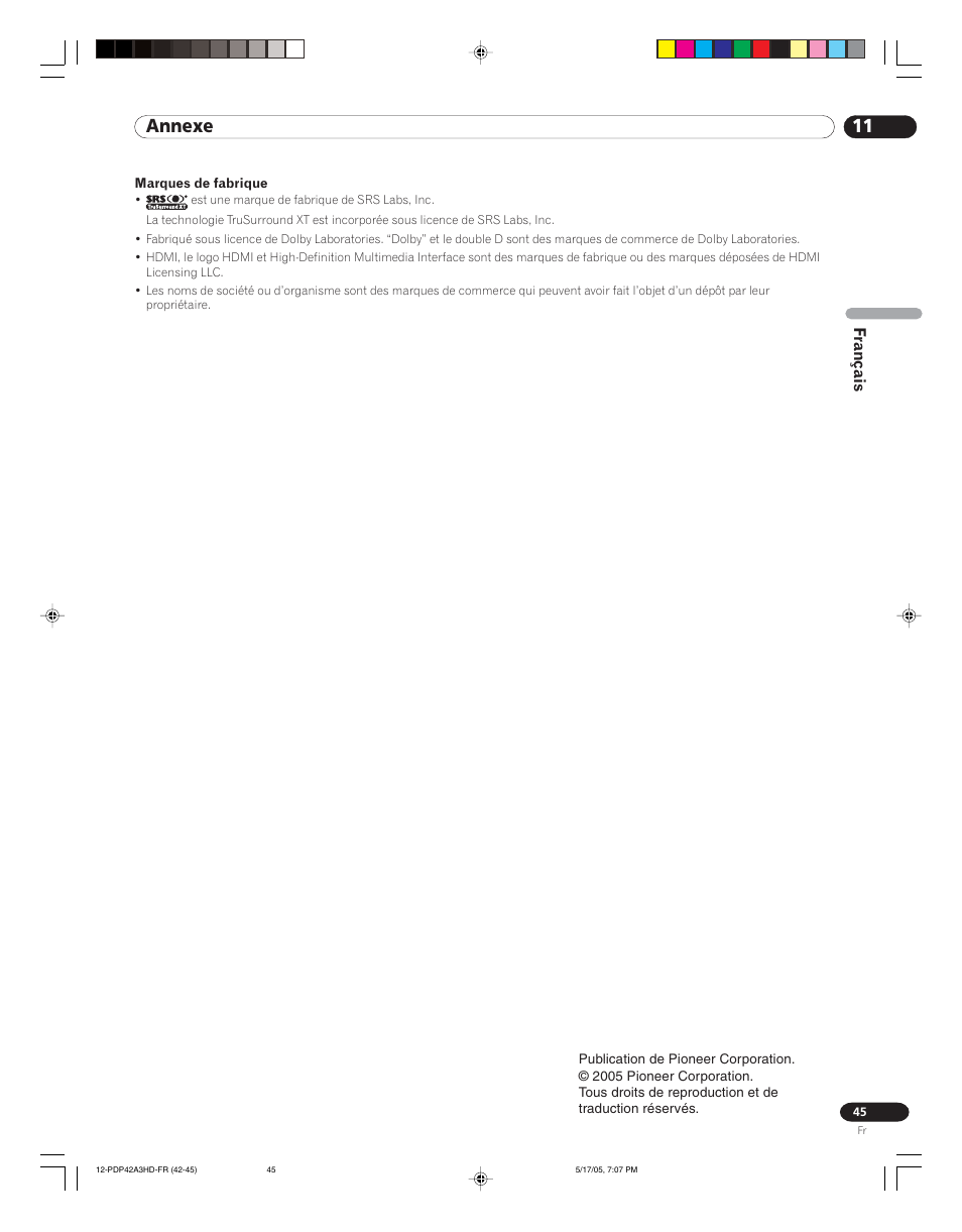 11 annexe, Français | Pioneer PureVision PDP 42A3HD User Manual | Page 89 / 134