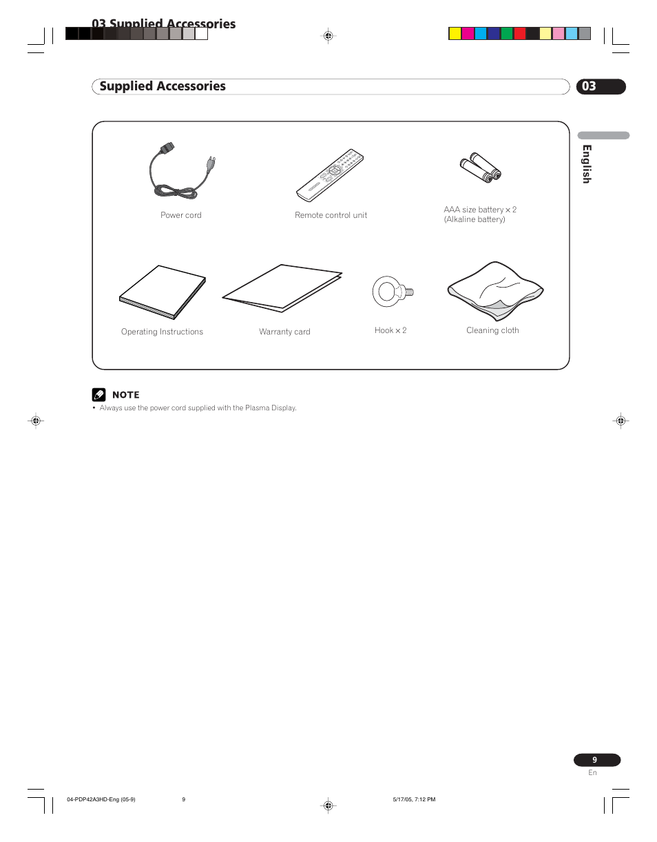 03 supplied accessories, English | Pioneer PureVision PDP 42A3HD User Manual | Page 9 / 134