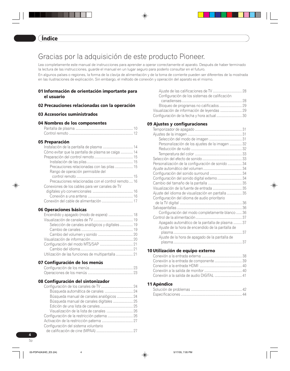 Manual de instrucciones, Índice | Pioneer PureVision PDP 42A3HD User Manual | Page 92 / 134