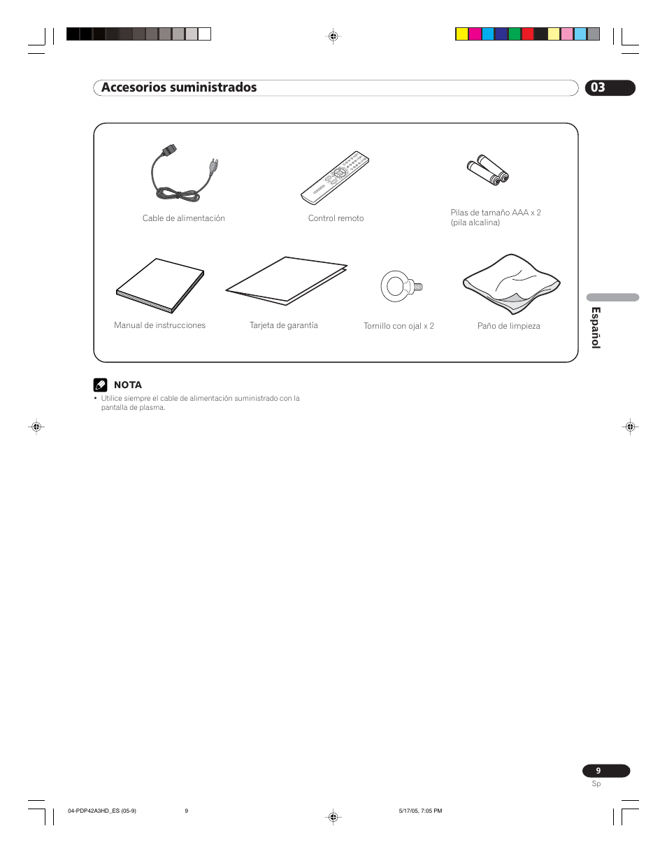 03 accesorios suministrados, Español | Pioneer PureVision PDP 42A3HD User Manual | Page 97 / 134