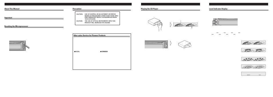 Display modes, Using the cd player, Before using this product | Level indicator display, Precaution, After-sales service for pioneer products, Playing the cd player, About this manual, Important, Resetting the microprocessor | Pioneer CDS-P4000 User Manual | Page 2 / 4