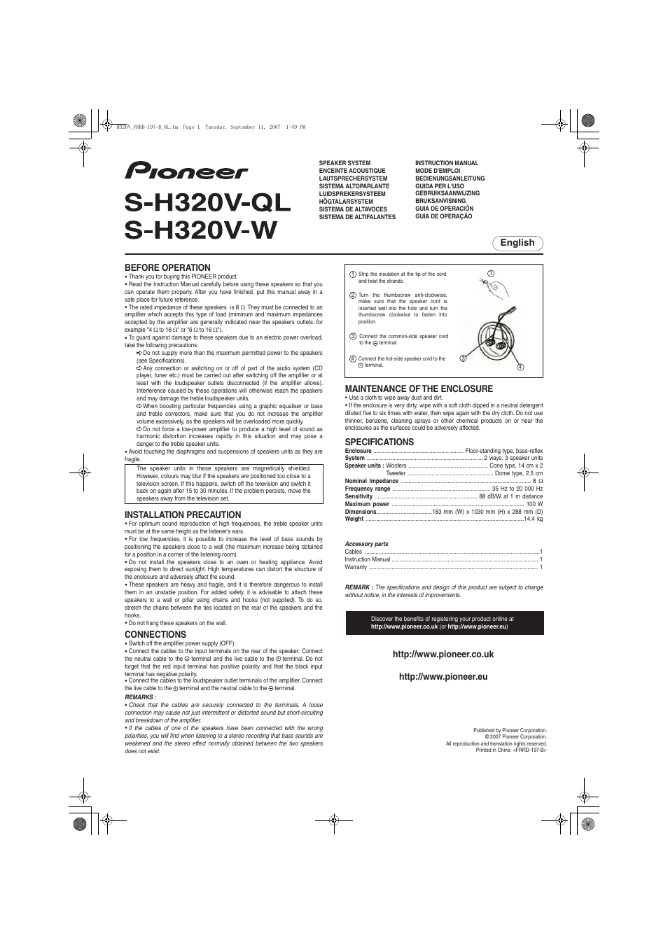 Pioneer S-H320V-QL User Manual | 8 pages