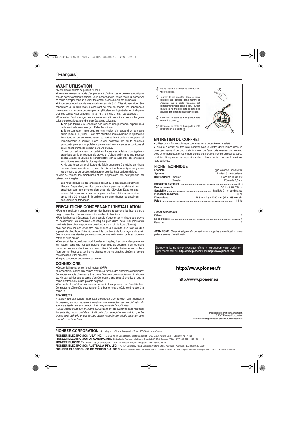 Français entretien du coffret, Avant utilisation, Precautions concernant l'installation | Connexions, Fiche technique | Pioneer S-H320V-QL User Manual | Page 2 / 8