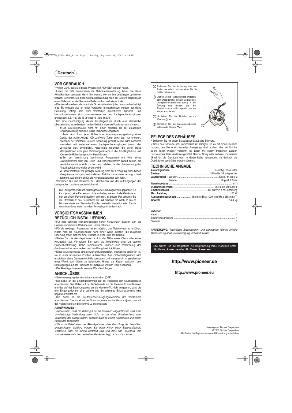 Deutsch vor gebrauch, Vorsichtsmassnahmen bezüglich installierung, Pflege des gehäuses | Anschlüsse, Technische angabe | Pioneer S-H320V-QL User Manual | Page 3 / 8