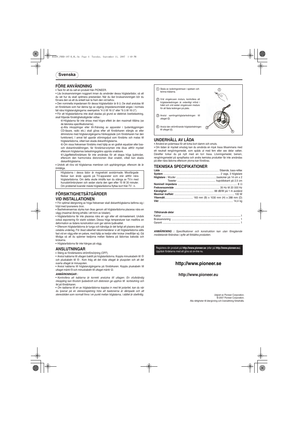 Svenska före användning, Försiktighetsåtgärder vid installationen, Underhåll av låda | Anslutningar, Tekniska specifikationer | Pioneer S-H320V-QL User Manual | Page 4 / 8