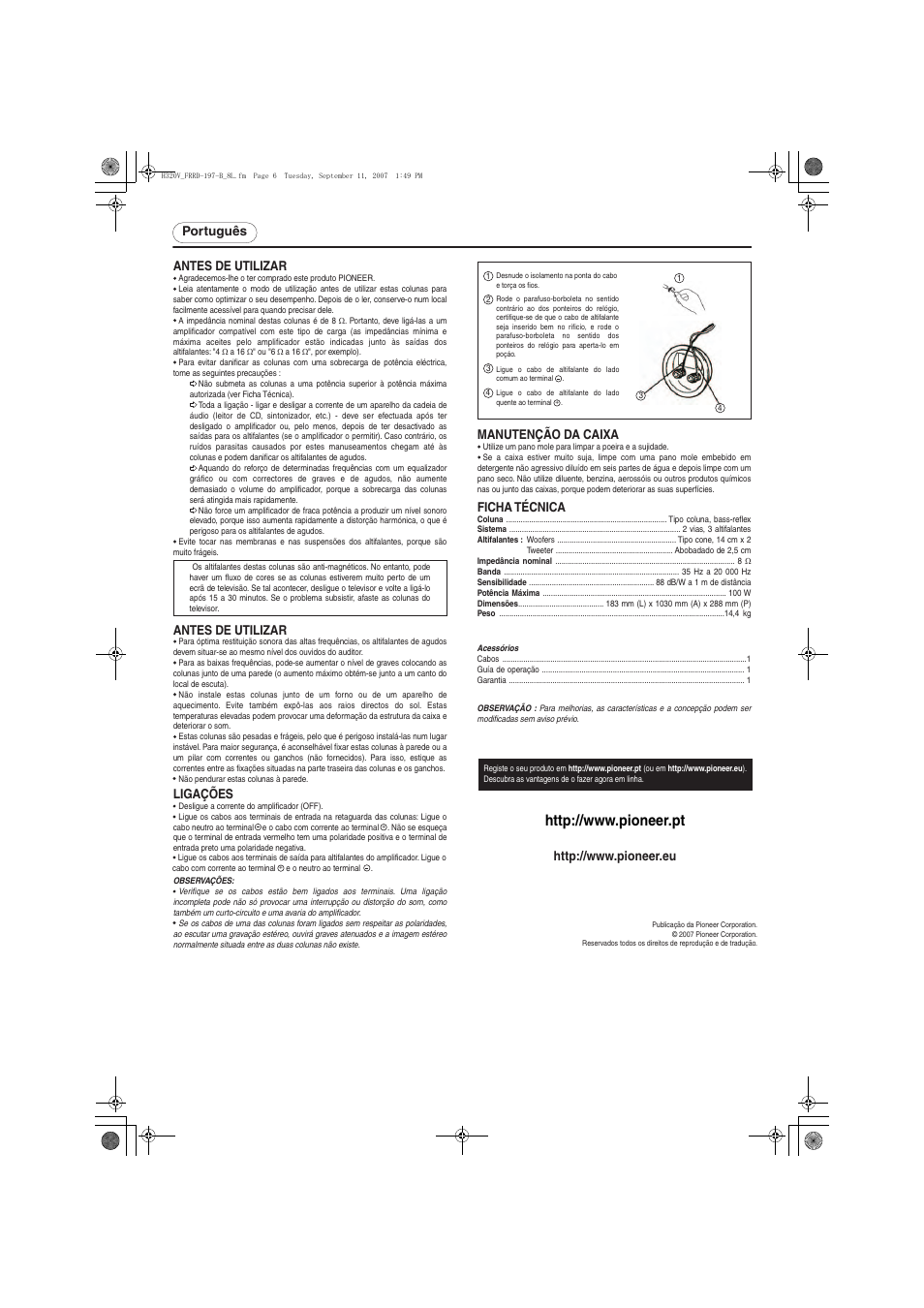 Português antes de utilizar, Antes de utilizar, Manutenção da caixa | Ligações, Ficha técnica | Pioneer S-H320V-QL User Manual | Page 6 / 8