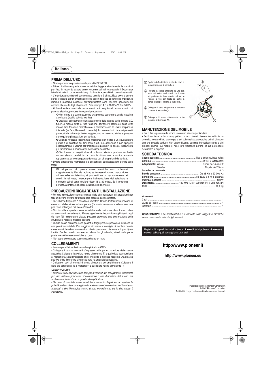 Italiano prima dell'uso, Manutenzione del mobile, Precauzioni riguardanti l'installazione | Collegamenti, Scheda tecnica | Pioneer S-H320V-QL User Manual | Page 7 / 8