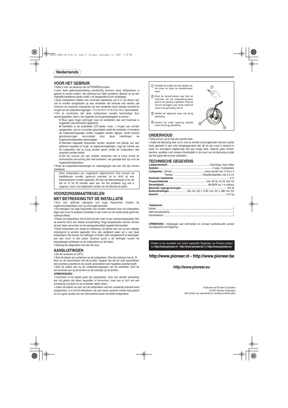 Nederlands voor het gebruik, Onderhoud, Aansluitingen | Technische gegevens | Pioneer S-H320V-QL User Manual | Page 8 / 8