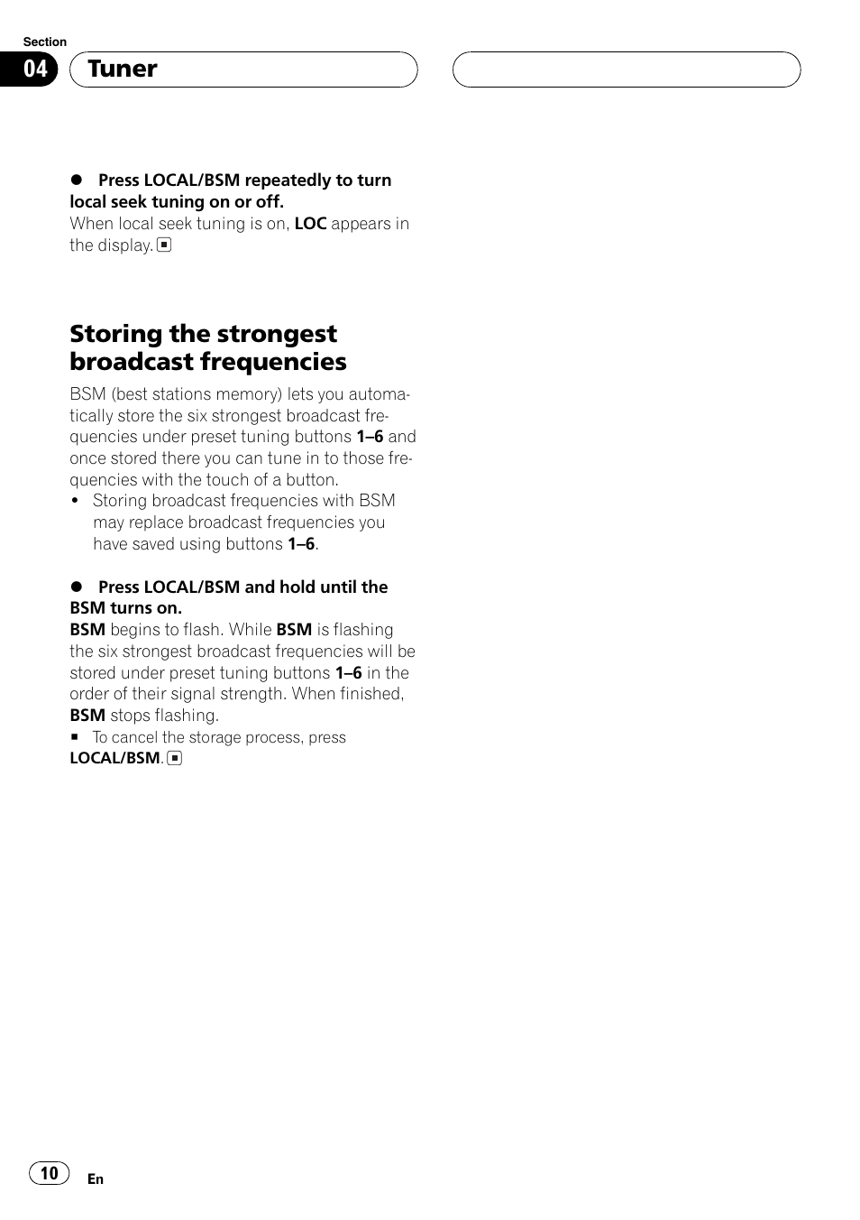 Storing the strongest broadcast, Frequencies 10, Storing the strongest broadcast frequencies | Tuner | Pioneer DEH-3770MP User Manual | Page 10 / 87