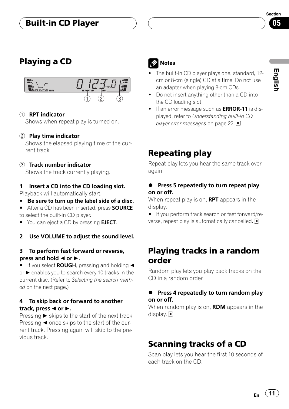 Built-in cd player, Playing a cd 11, Repeating play 11 | Playing tracks in a random order 11, Scanning tracks of a cd 11, Playing a cd, Repeating play, Playing tracks in a random order, Scanning tracks of a cd | Pioneer DEH-3770MP User Manual | Page 11 / 87