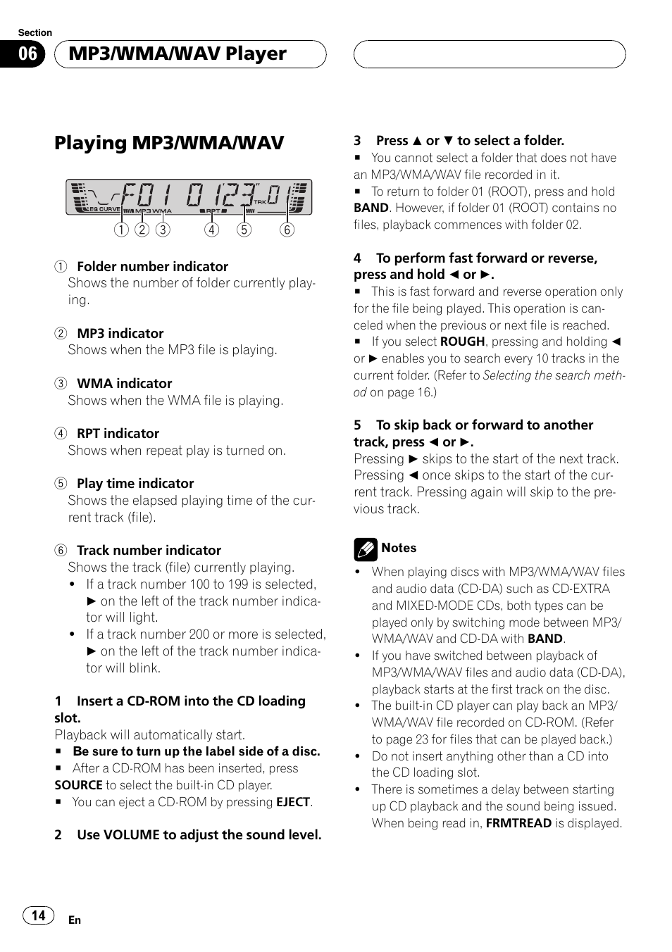 Mp3/wma/wav player, Playing mp3/wma/wav 14, Playing mp3/wma/wav | Pioneer DEH-3770MP User Manual | Page 14 / 87