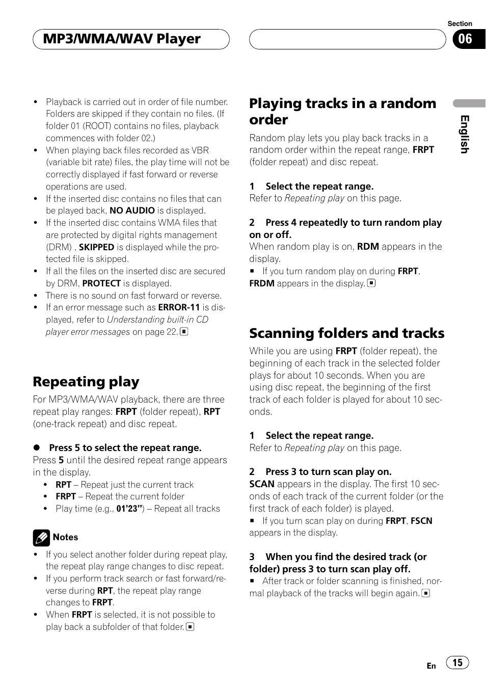 Repeating play 15, Playing tracks in a random order 15, Scanning folders and tracks 15 | Repeating play, Playing tracks in a random order, Scanning folders and tracks, Mp3/wma/wav player | Pioneer DEH-3770MP User Manual | Page 15 / 87