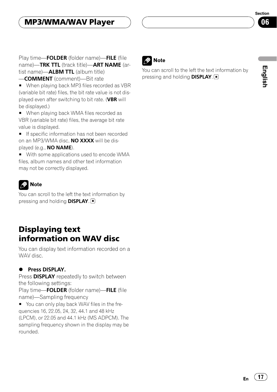 Displaying text information on wav disc 17, Displaying text information on wav disc, Mp3/wma/wav player | Pioneer DEH-3770MP User Manual | Page 17 / 87
