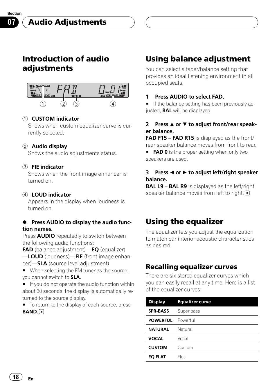 Audio adjustments, Introduction of audio adjustments 18, Using balance adjustment 18 | Using the equalizer 18, Recalling equalizer curves 18, Introduction of audio adjustments, Using balance adjustment, Using the equalizer, Recalling equalizer curves | Pioneer DEH-3770MP User Manual | Page 18 / 87