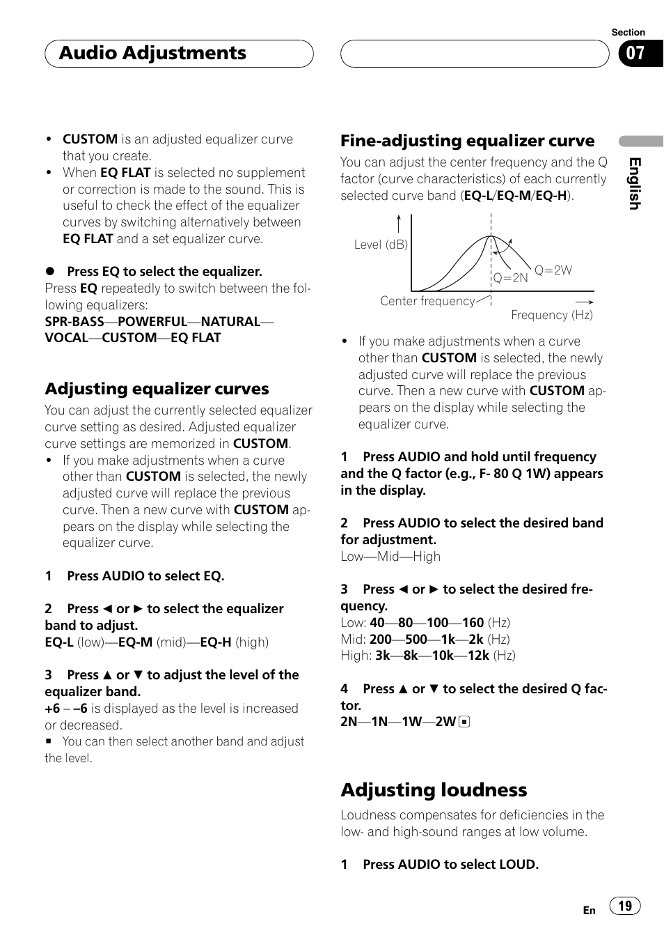 Adjusting equalizer curves 19, Fine-adjusting equalizer curve 19, Adjusting loudness 19 | Adjusting loudness, Audio adjustments, Adjusting equalizer curves, Fine-adjusting equalizer curve | Pioneer DEH-3770MP User Manual | Page 19 / 87