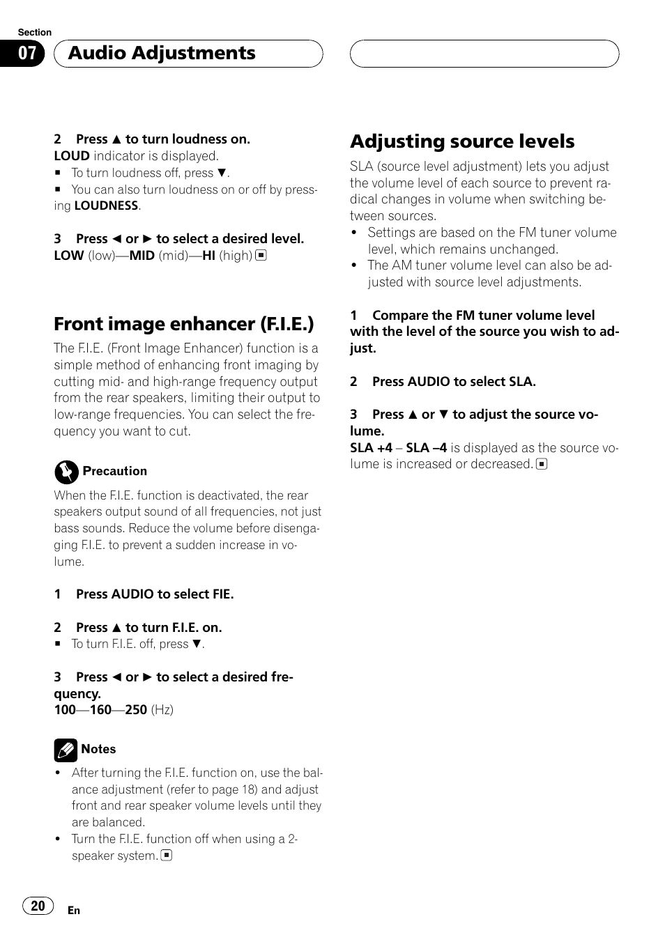 Front image enhancer (f.i.e.) 20, Adjusting source levels 20, Front image enhancer (f.i.e.) | Adjusting source levels, Audio adjustments | Pioneer DEH-3770MP User Manual | Page 20 / 87