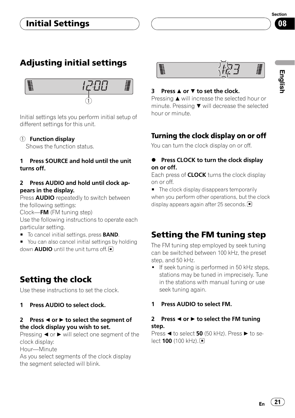 Initialsettings, Adjusting initial settings 21, Setting the clock 21 | Turning the clock display on or off 21, Setting the fm tuning step 21, Adjusting initial settings, Setting the clock, Setting the fm tuning step, Initial settings | Pioneer DEH-3770MP User Manual | Page 21 / 87