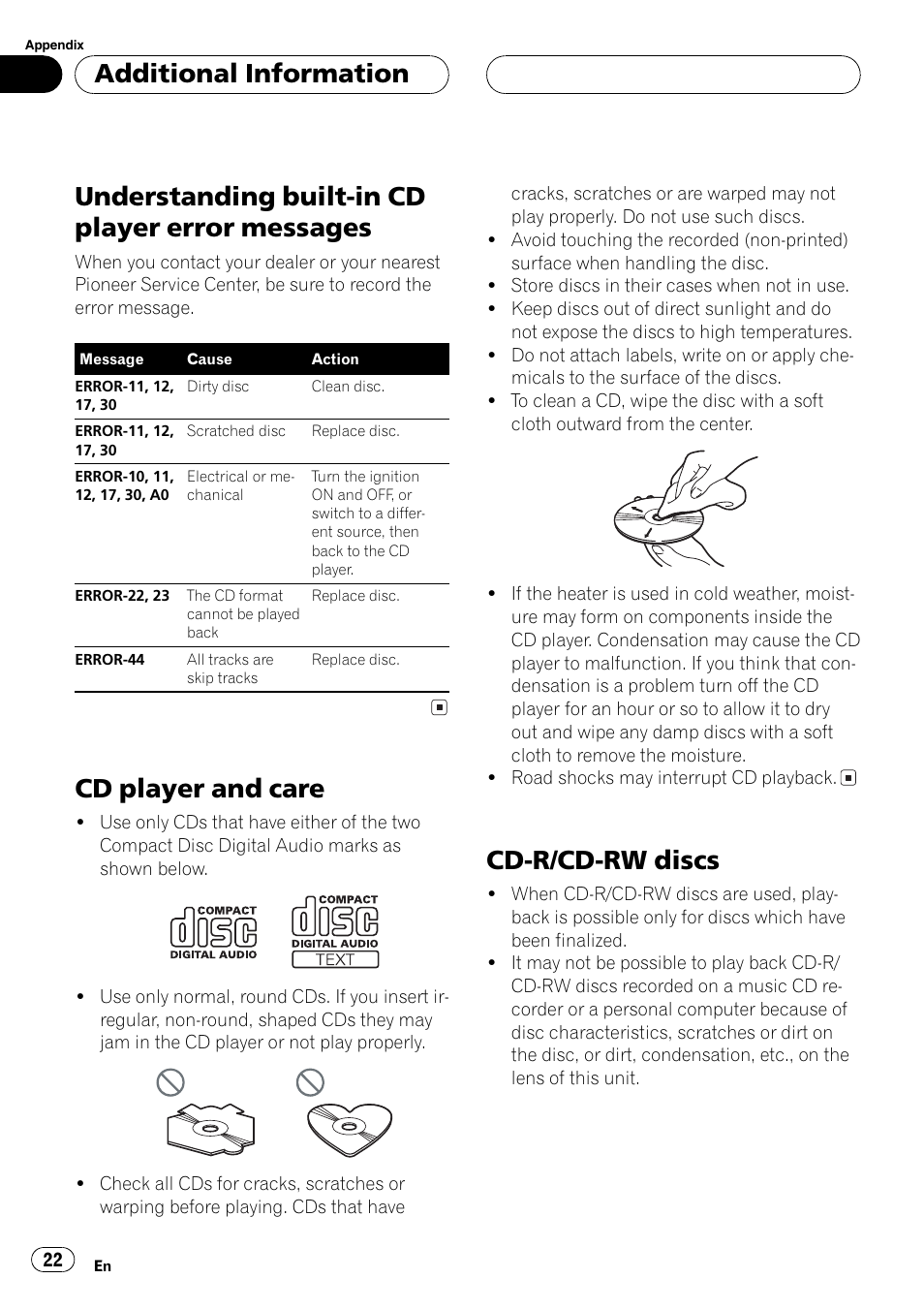 Additionalinformation, Understanding built-in cd player error, Messages 22 | Cd player and care 22, Cd-r/cd-rw discs 22, Understanding built-in cd player error messages, Cd player and care, Cd-r/cd-rw discs, Additional information | Pioneer DEH-3770MP User Manual | Page 22 / 87