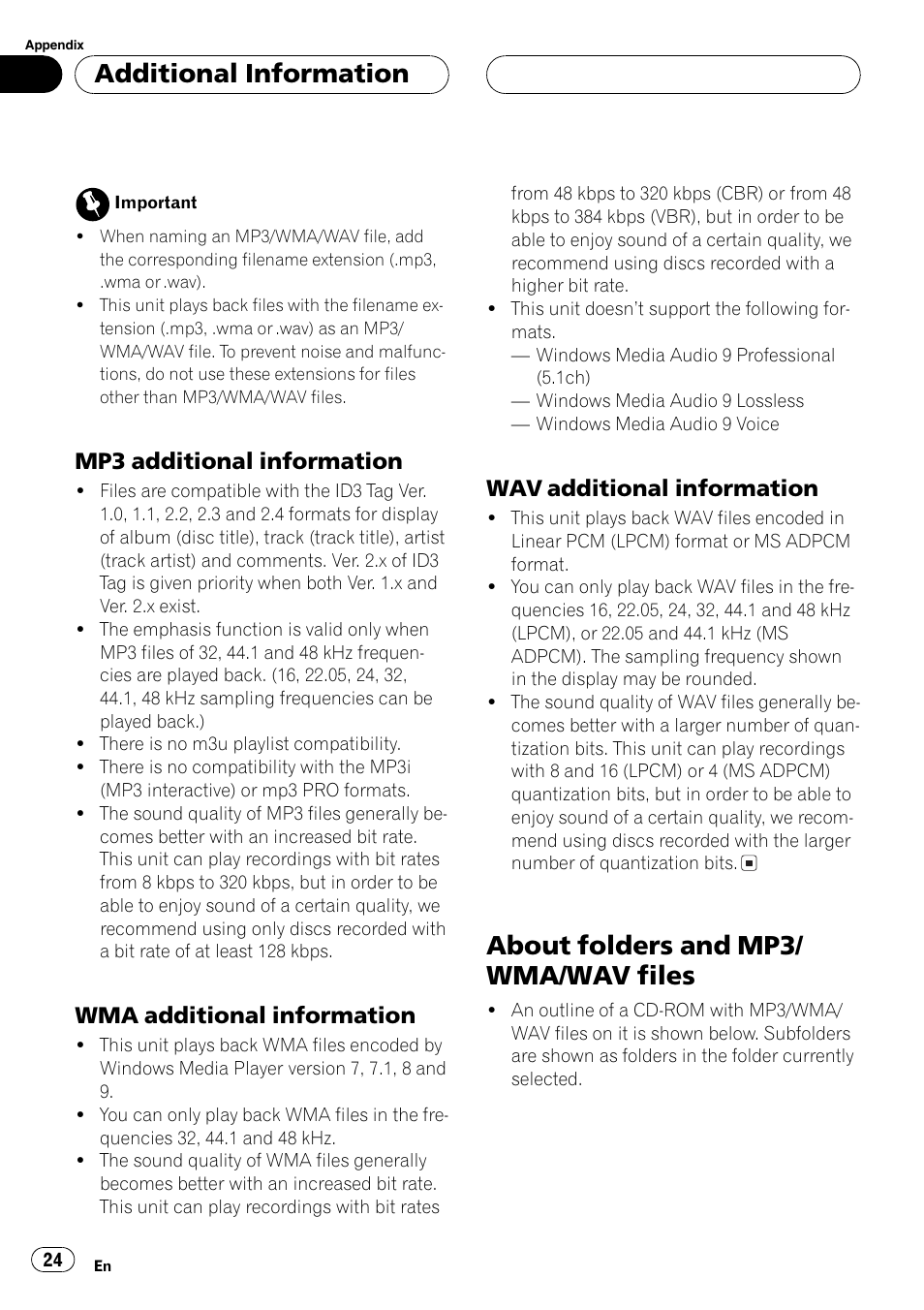 Mp3 additional information 24, Wma additional information 24, Wav additional information 24 | About folders and mp3/wma/wav files 24, About folders and mp3/ wma/wav files, Additional information, Mp3 additional information, Wma additional information, Wav additional information | Pioneer DEH-3770MP User Manual | Page 24 / 87