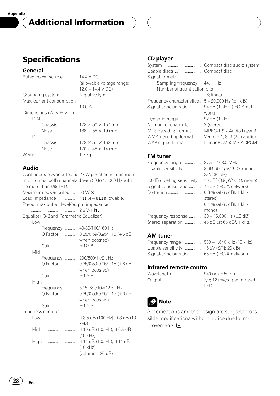 Specifications 28, Specifications, Additional information | Pioneer DEH-3770MP User Manual | Page 28 / 87