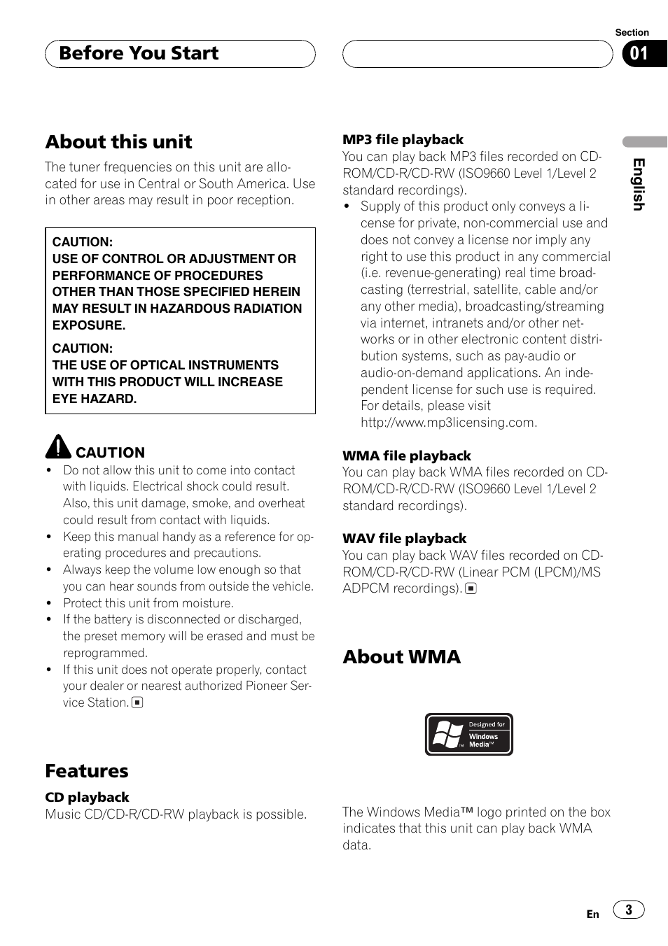 Before you start about this unit 3, Features 3, About wma 3 | About this unit, Features, About wma, Before you start | Pioneer DEH-3770MP User Manual | Page 3 / 87
