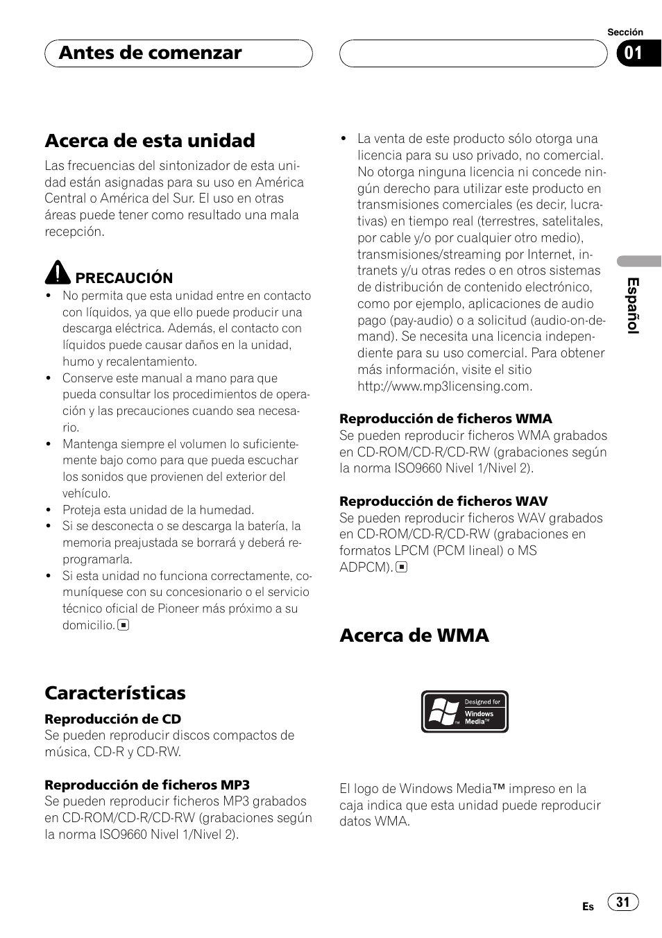 Antes de comenzar acerca de esta unidad 31, Características 31, Acerca de wma 31 | Acerca de esta unidad, Características, Acerca de wma, Antes de comenzar | Pioneer DEH-3770MP User Manual | Page 31 / 87