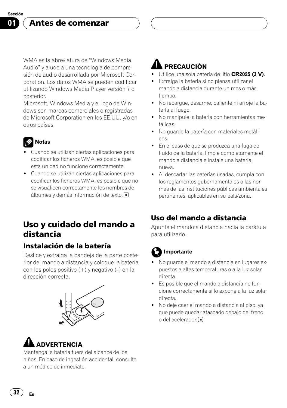 Uso y cuidado del mando a distancia 32, Instalación de la batería 32, Uso del mando a distancia 32 | Uso y cuidado del mando a distancia, Antes de comenzar, Instalación de la batería, Uso del mando a distancia | Pioneer DEH-3770MP User Manual | Page 32 / 87