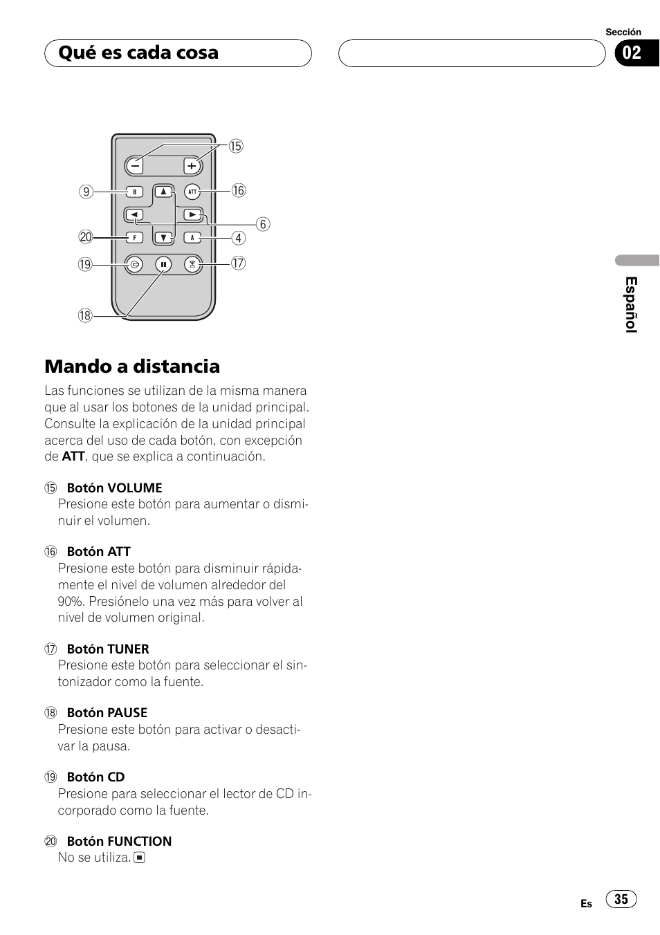 Mando a distancia 35, Mando a distancia, Qué es cada cosa | Pioneer DEH-3770MP User Manual | Page 35 / 87