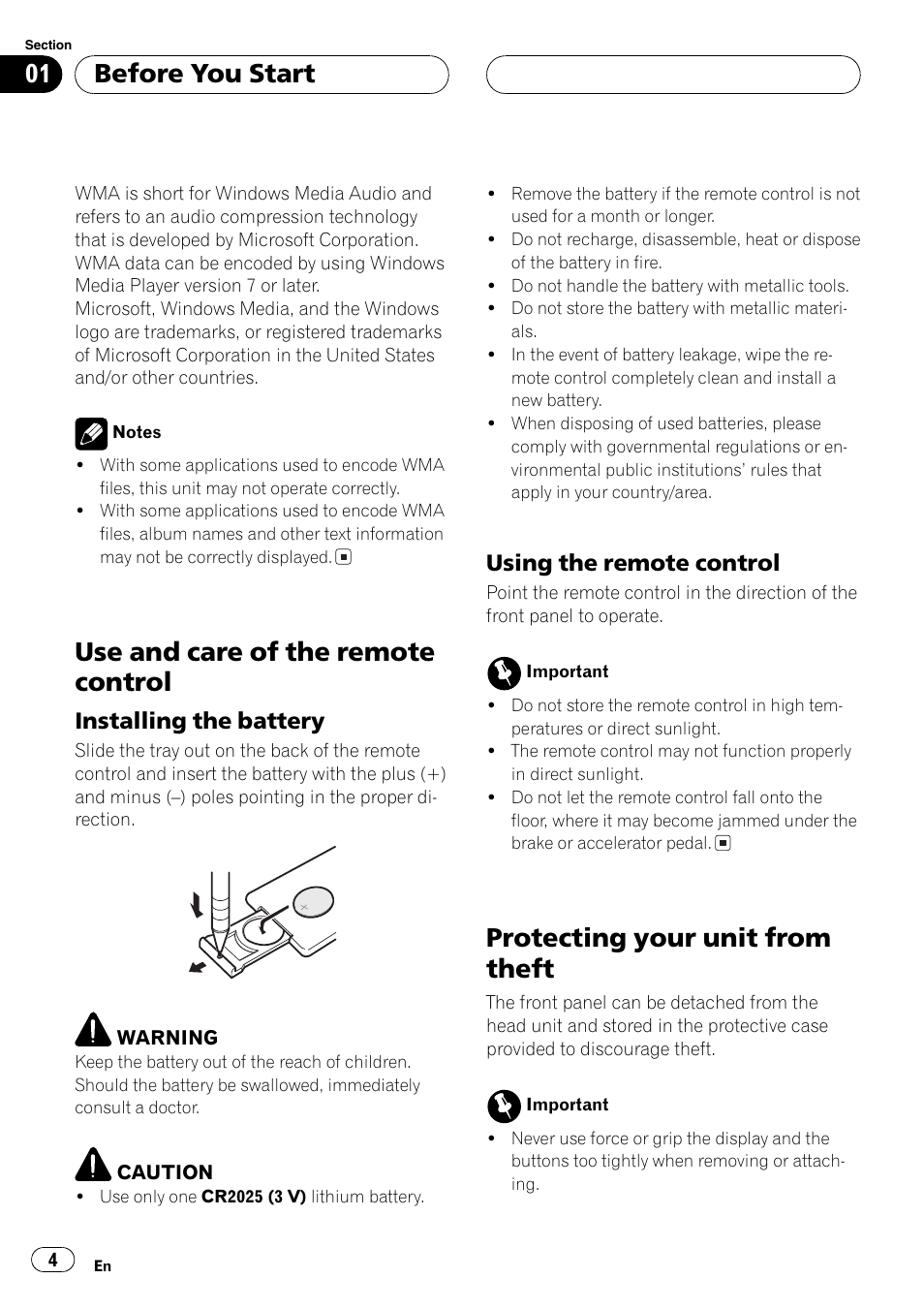 Use and care of the remote control 4, Installing the battery 4, Using the remote control 4 | Protecting your unit from theft 4, Use and care of the remote control, Protecting your unit from theft, Before you start, Installing the battery, Using the remote control | Pioneer DEH-3770MP User Manual | Page 4 / 87