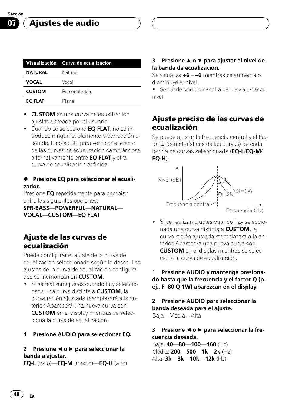 Ajuste de las curvas de, Ecualización 48, Ajuste preciso de las curvas de | Ajustes de audio, Ajuste de las curvas de ecualización, Ajuste preciso de las curvas de ecualización | Pioneer DEH-3770MP User Manual | Page 48 / 87