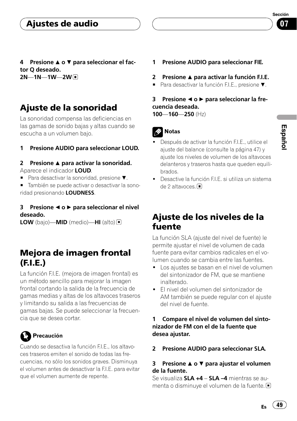 Ajuste de la sonoridad 49, Mejora de imagen frontal (f.i.e.) 49, Ajuste de los niveles de la fuente 49 | Ajuste de la sonoridad, Mejora de imagen frontal (f.i.e.), Ajuste de los niveles de la fuente, Ajustes de audio | Pioneer DEH-3770MP User Manual | Page 49 / 87