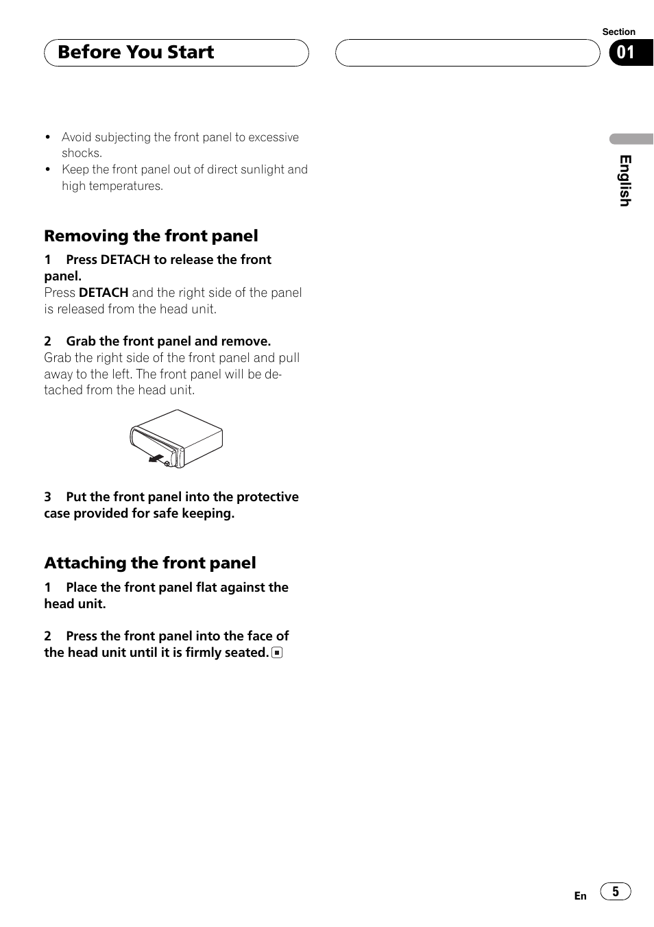Removing the front panel 5, Attaching the front panel 5, Before you start | Removing the front panel, Attaching the front panel | Pioneer DEH-3770MP User Manual | Page 5 / 87