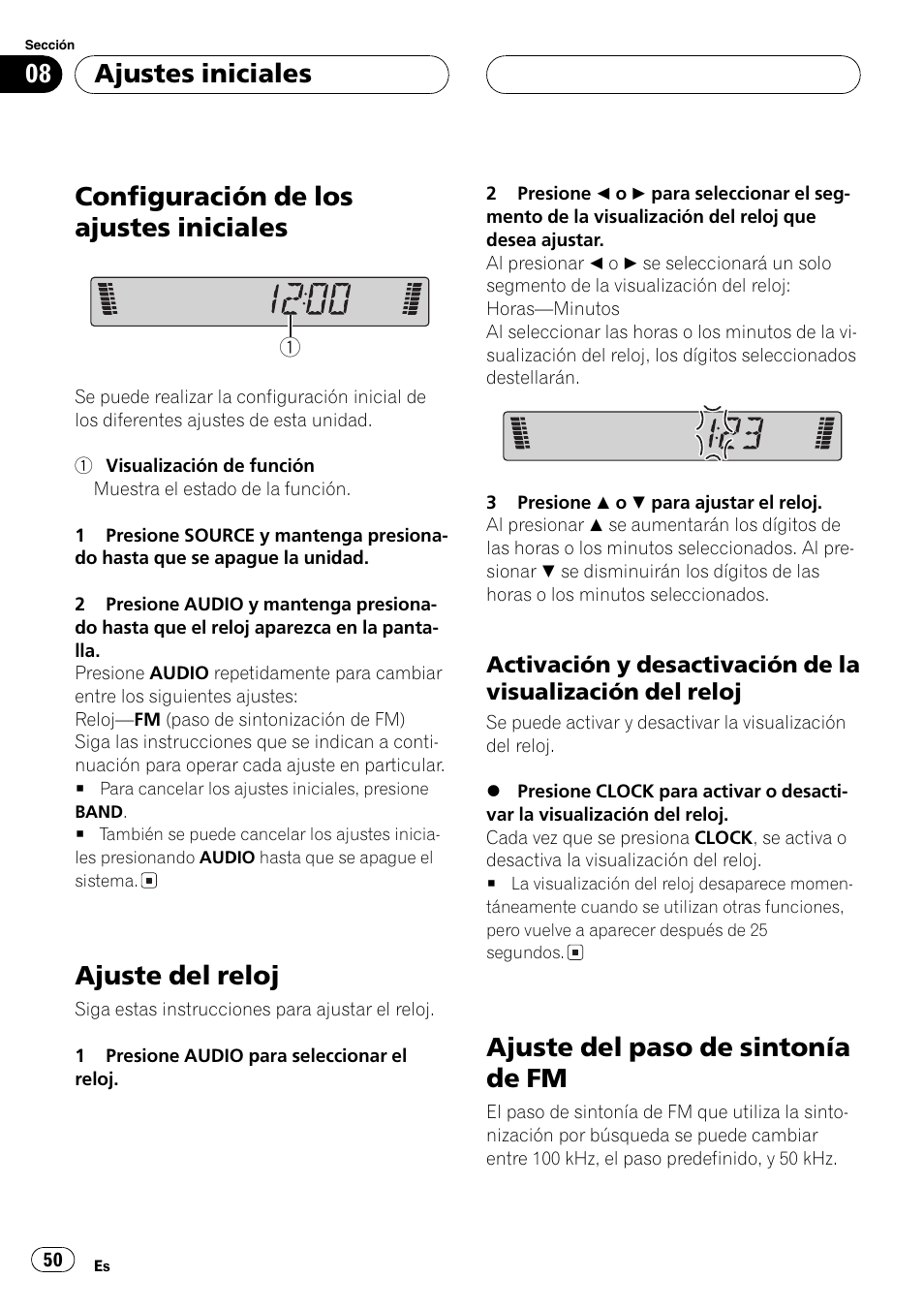 Ajustes iniciales, Configuración de los ajustes iniciales 50, Ajuste del reloj 50 | Activación y desactivación de la, Visualización del reloj 50, Ajuste del paso de sintonía de fm 50, Configuración de los ajustes iniciales, Ajuste del reloj, Ajuste del paso de sintonía de fm | Pioneer DEH-3770MP User Manual | Page 50 / 87