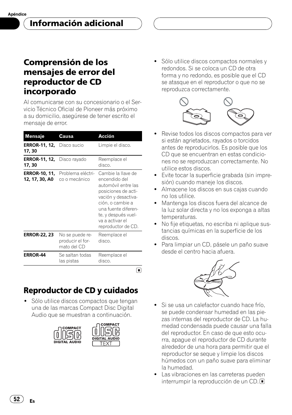 Información adicional, Comprensión de los mensajes de error del, Reproductor de cd incorporado 52 | Reproductor de cd y cuidados 52, Reproductor de cd y cuidados | Pioneer DEH-3770MP User Manual | Page 52 / 87