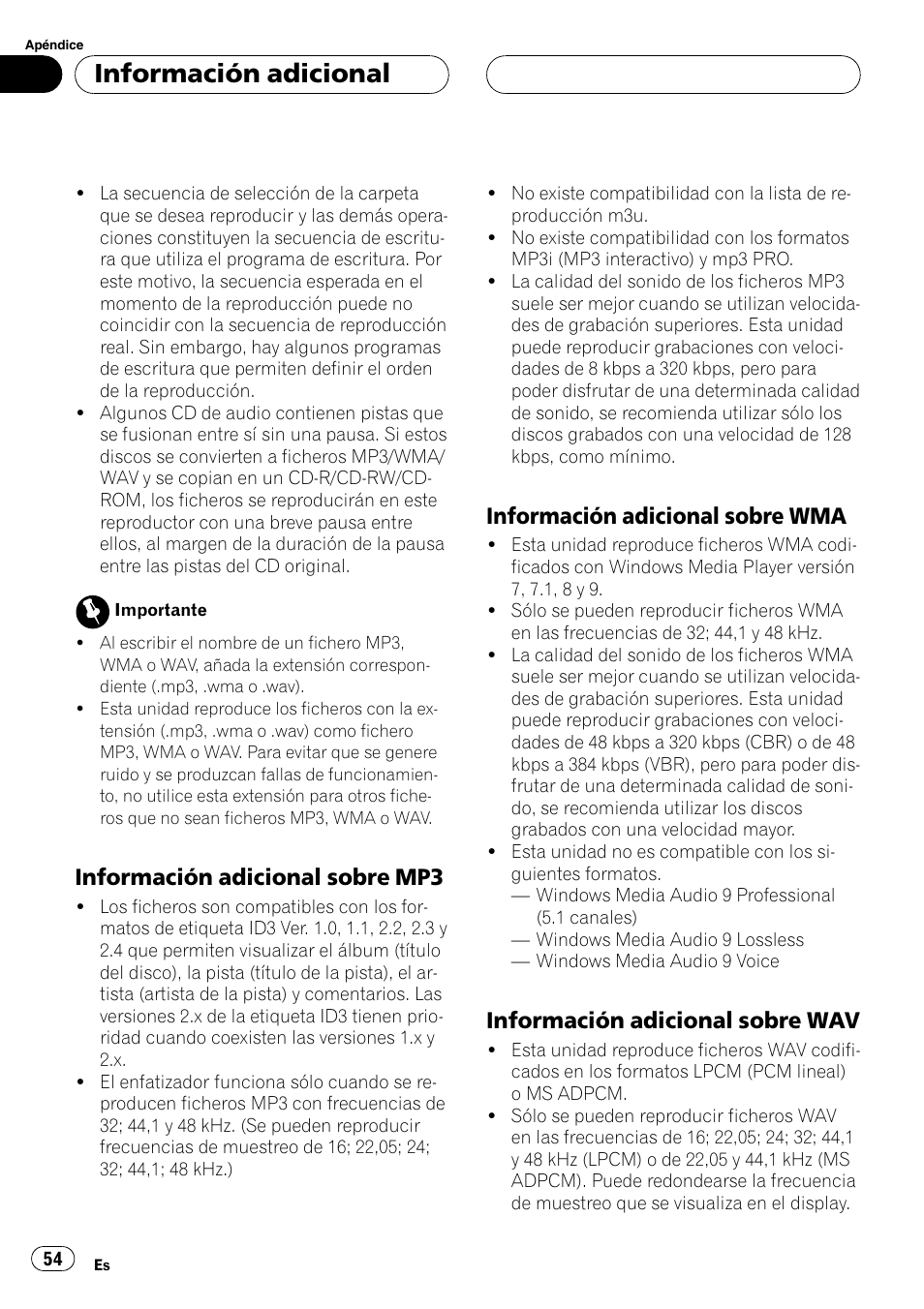 Información adicional sobre mp3 54, Información adicional sobre, Wma 54 | Información adicional sobre wav 54, Información adicional, Información adicional sobre mp3, Información adicional sobre wma, Información adicional sobre wav | Pioneer DEH-3770MP User Manual | Page 54 / 87