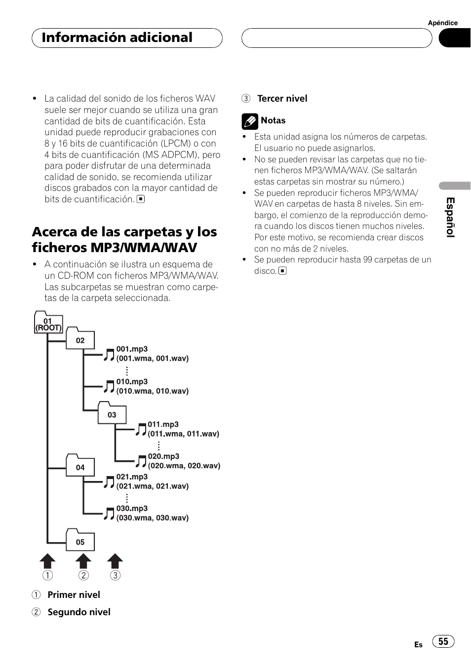 Acerca de las carpetas y los ficheros mp3, Wma/wav 55, Acerca de las carpetas y los ficheros mp3/wma/wav | Información adicional | Pioneer DEH-3770MP User Manual | Page 55 / 87